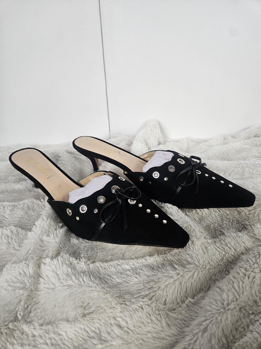 Black Pointed Toe Mule Heels with Stud and Bow Detail